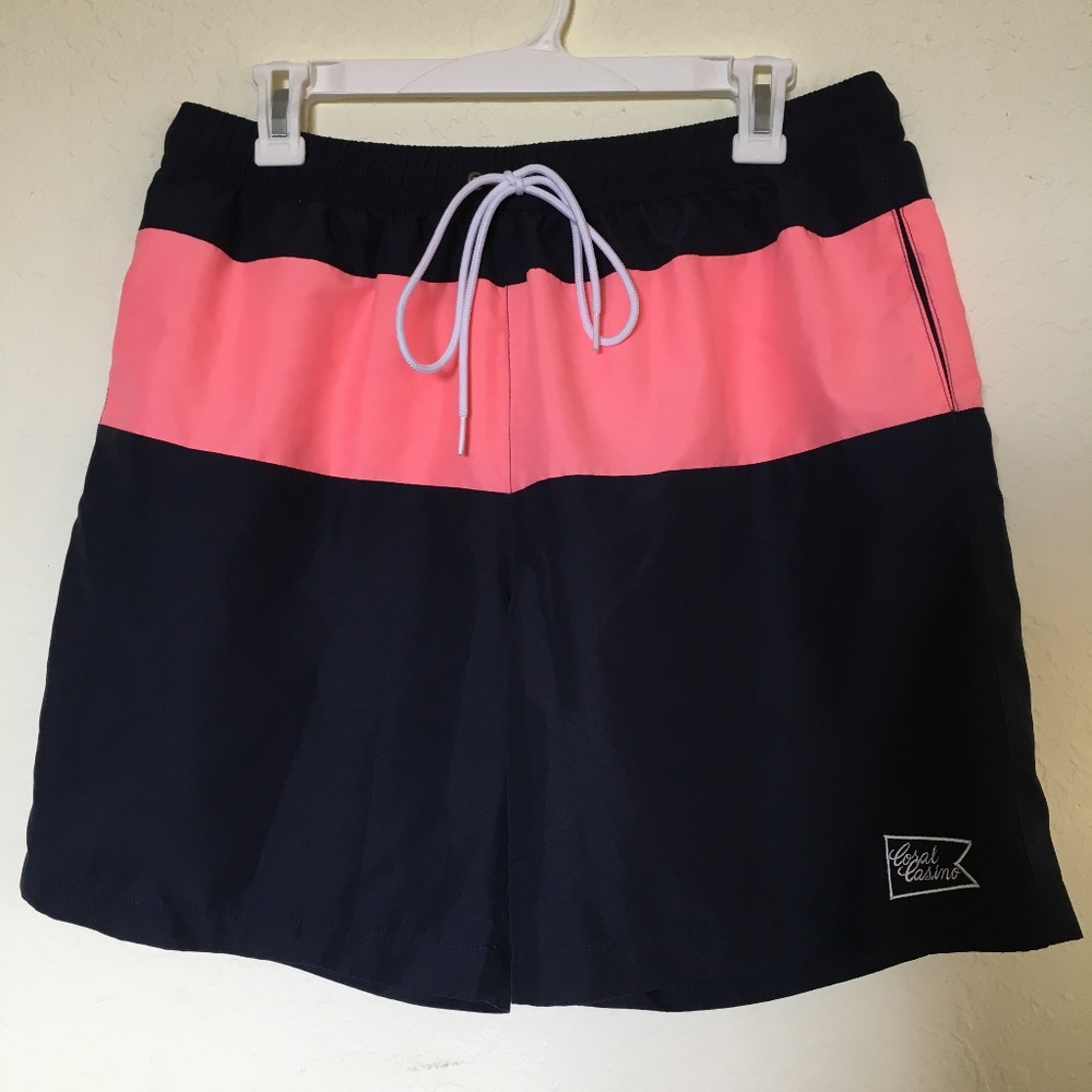 Men's dark blue and pink swim trunks. Size XL.